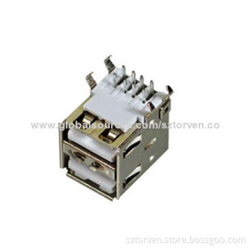 USB2.0 Female 4P Dual-layered Right Angle A Type Connector with 30-50MΩ Contact Resistance